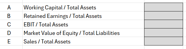 Calculated cells on the altman z-score template in Excel.