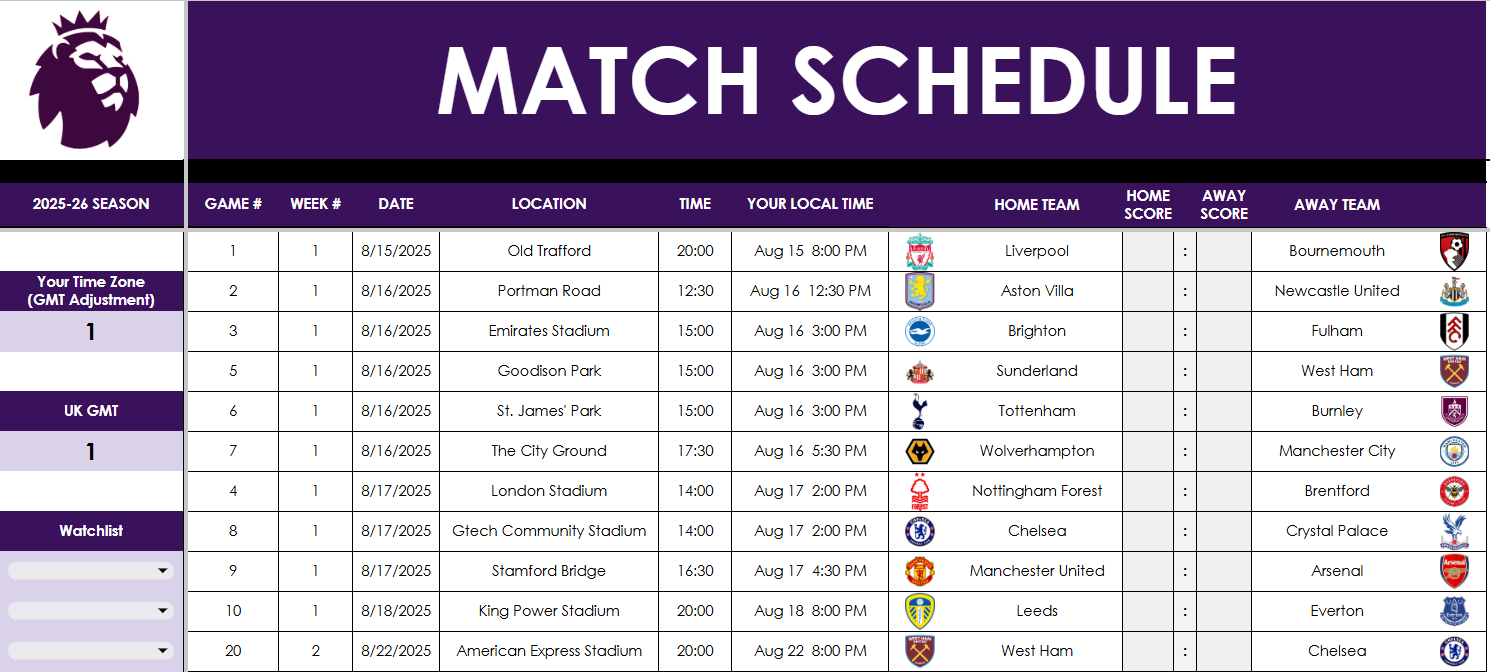 EPL Excel tracker screenshot of the match schedule.