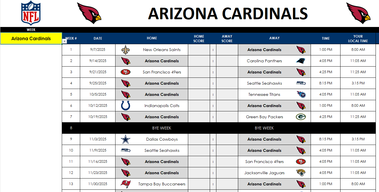 Team schedule shown on the NFL schedule and prediction sheet template.