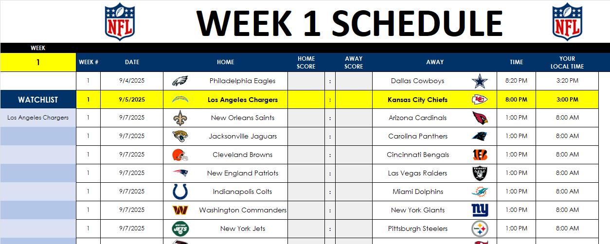 Weekly schedule shown on the NFL schedule and prediction sheet template.