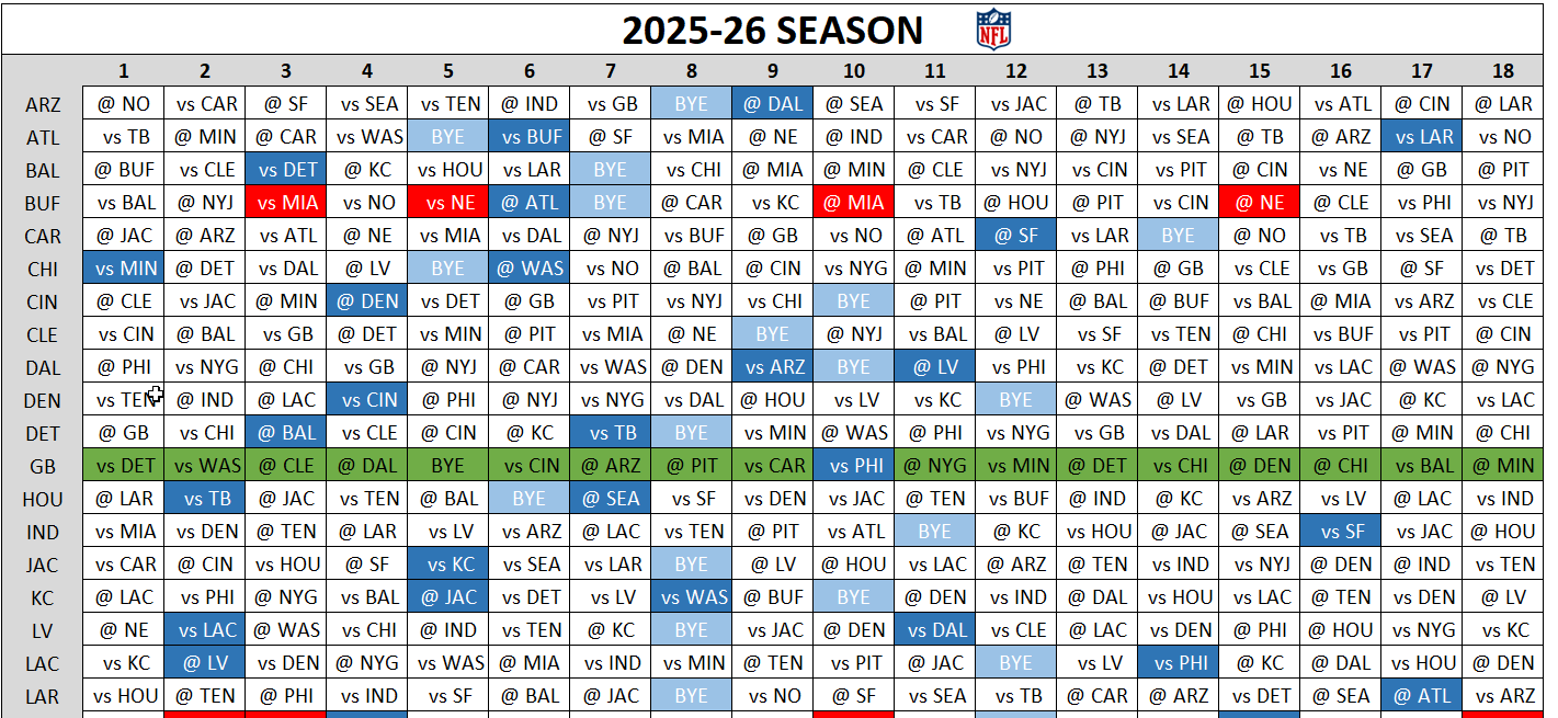 Grid schedule showing with many games being highlighted.
