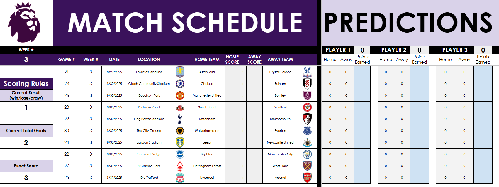 EPL Excel spreadsheet tracking predictions for a specific week.