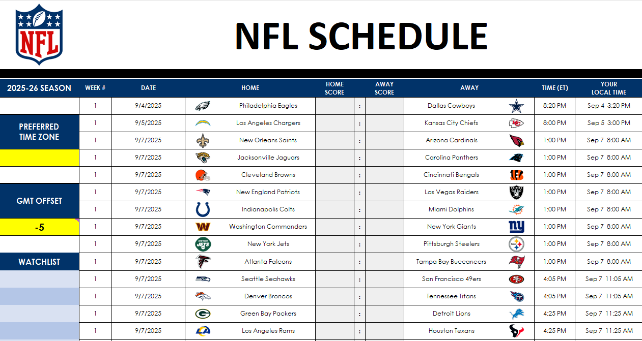 NFL schedule and prediction sheet template.