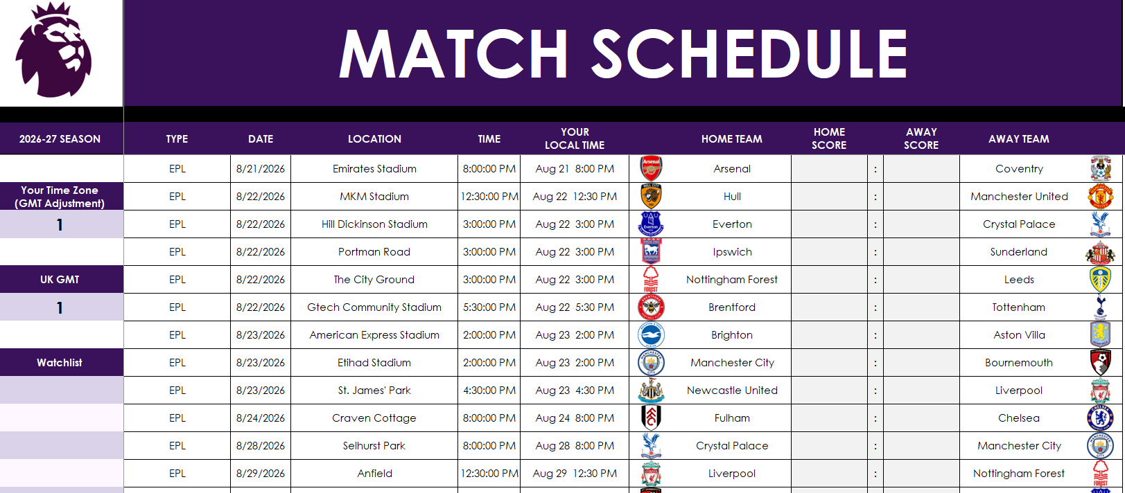 EPL Excel tracker screenshot of the match schedule.