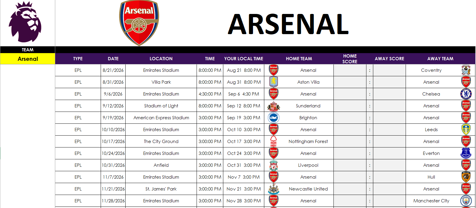 EPL Excel spreadsheet tracking a specific club.
