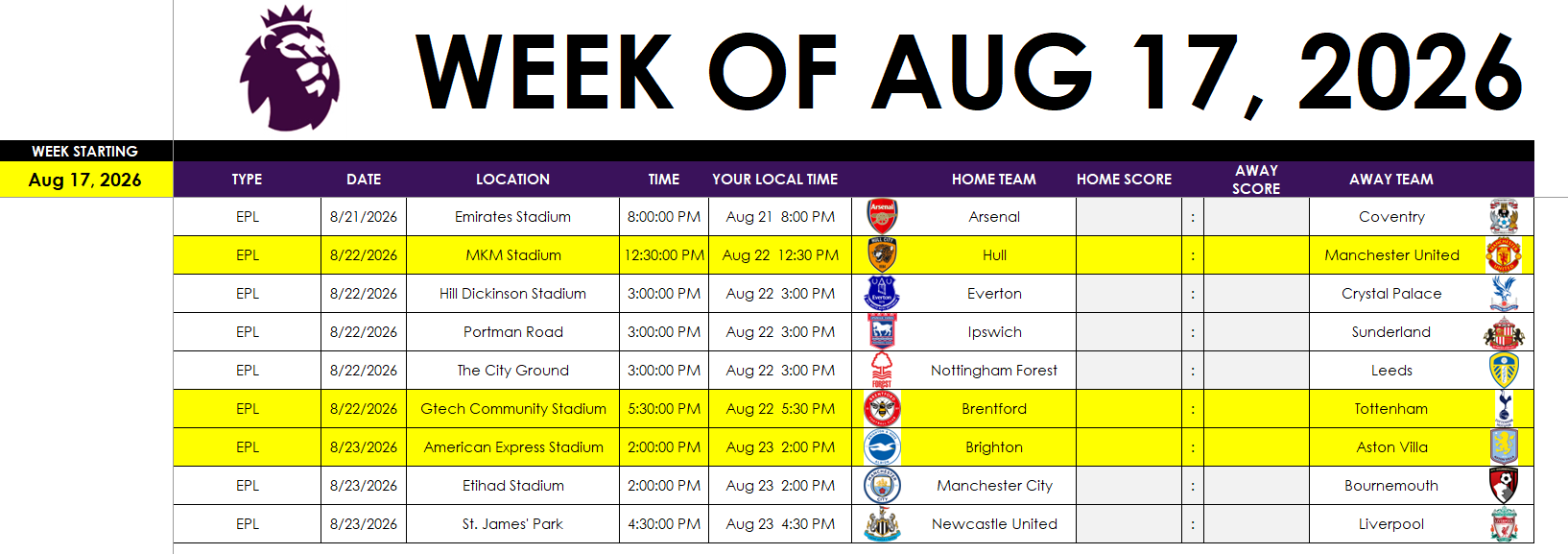 EPL Excel spreadsheet tracking a specific week.