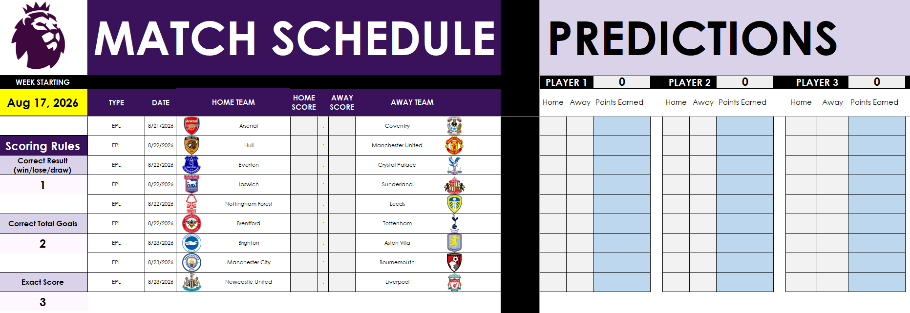 EPL Excel spreadsheet tracking predictions for a specific week.