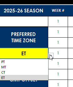 Changing the preferred time zone in the NFL schedule and prediction sheet template.