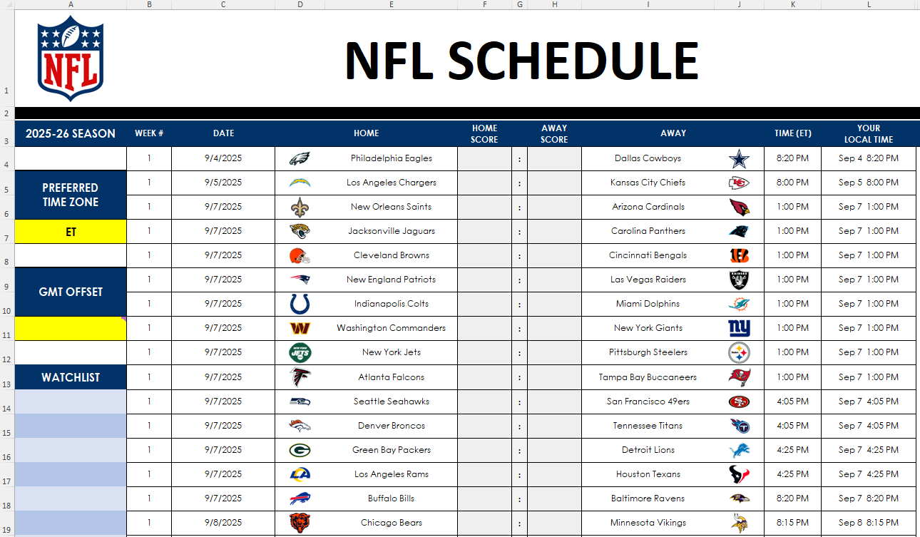 Excel spreadsheet showing the NFL schedule.