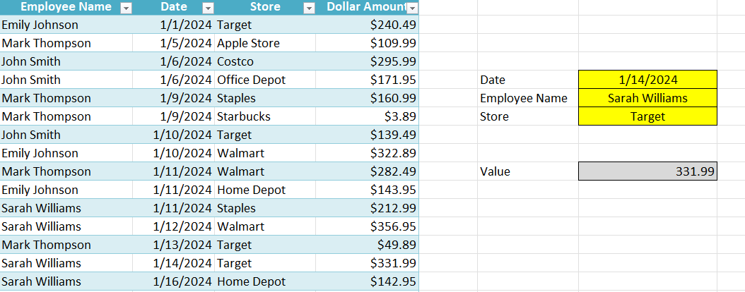 Looking up multiple fields in Excel.