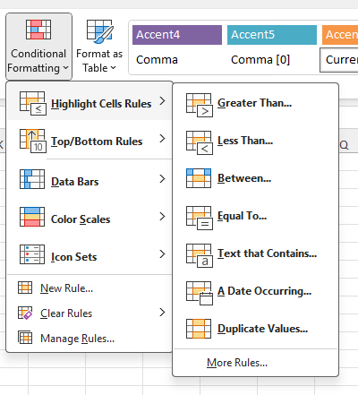 Highlighting cells in Excel based on their values.