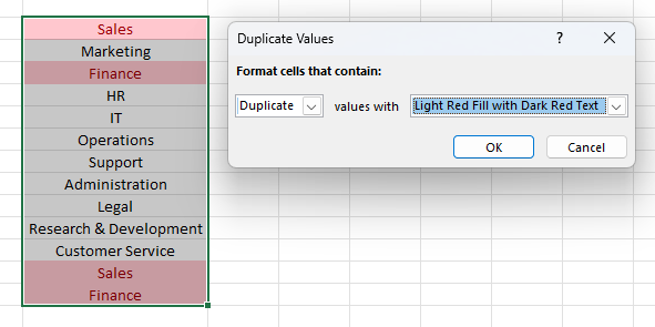 Conditional formatting in Excel highlighting duplicates values.