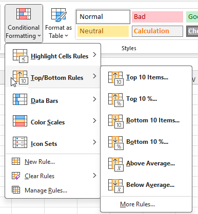 Conditional Formatting rules in excel for top and bottom rules.