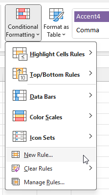Creating a new conditional formatting rule in Excel from scratch.