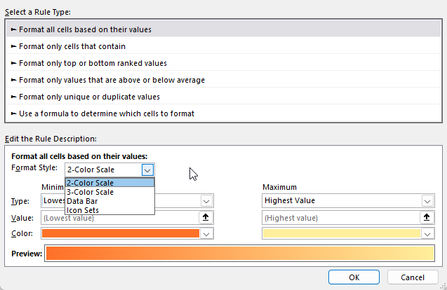 Creating a conditional formatting rule based on its value, and adjusting the format style.