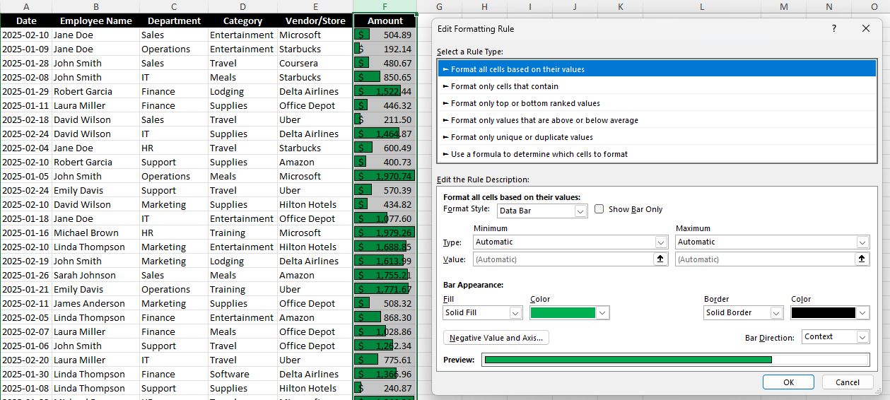 Conditional formatting rules for Excel when using a data bar with custom color formatting applied.