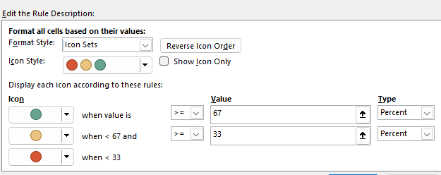 Conditional formatting rules in Excel when using icon sets.