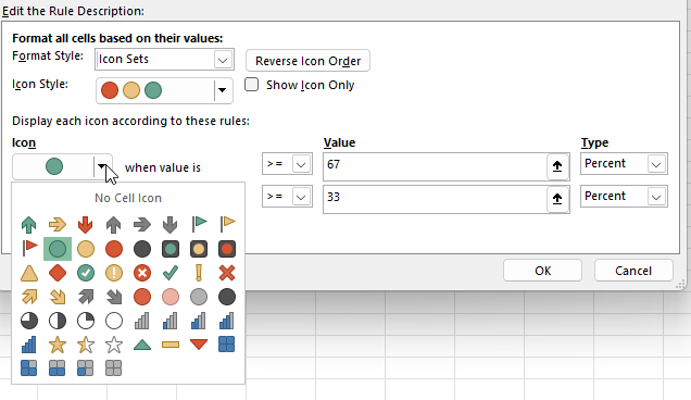 Changing an individual icon for a conditional formatting rule in Excel.