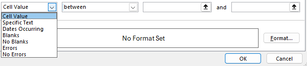 Conditional formatting rule drop-down in Excel that allows you to specify whether you're looking at a value, text, or other option.