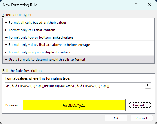 Using a formula in the conditional formatting rules in Excel.