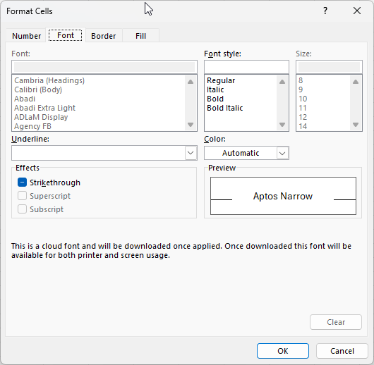 The Format Cells window in Microsoft Excel.