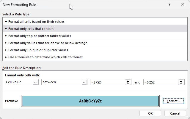 A custom conditional formatting rule setup in Excel that looks for values within a specified range, based on cells.