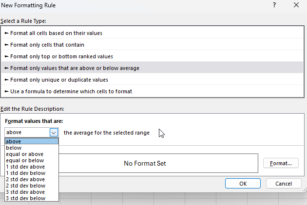 Creating a conditional formatting rule in excel based on if it is above or below the average.