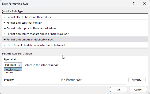 Creating conditional formatting rules based on unique or duplicate values.