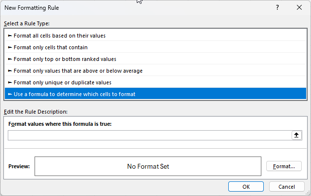 Creating a custom formula for a conditional formatting rule in Excel.