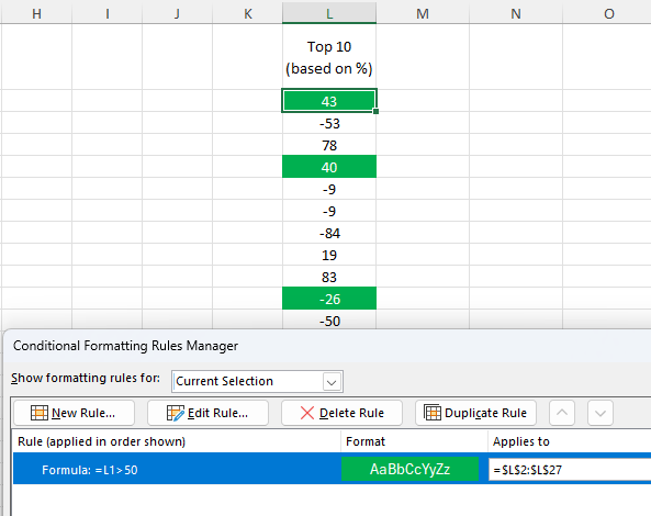A conditional formatting rule in Excel that has been created using a formula.