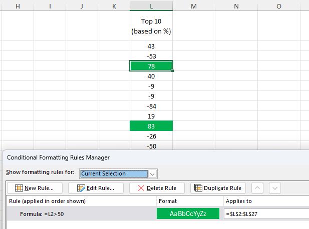 A conditional formatting rule in Excel that has been created using a formula.