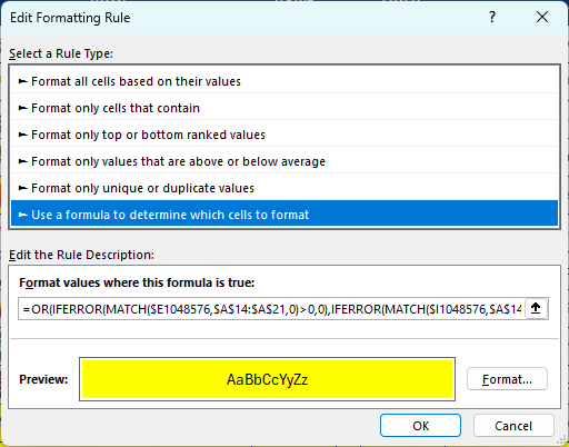 Conditional formatting rules in Excel showing the incorrect row selected.