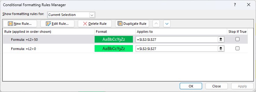 Managing conditional formatting rules in Excel.