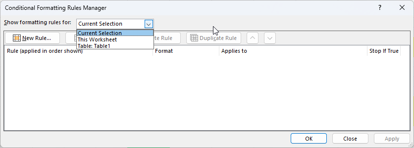 Changing the drop-down option to see which conditional rules are visible.