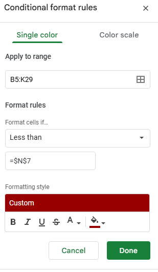 Creating a conditional formatting rule in Google Sheets that links to a specific cell.
