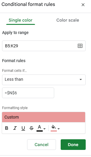 Creating a conditional formatting rule in Google Sheets that links to a specific cell.