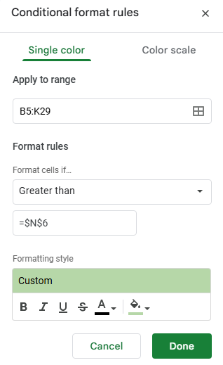 Creating a conditional formatting rule in Google Sheets that links to a specific cell.