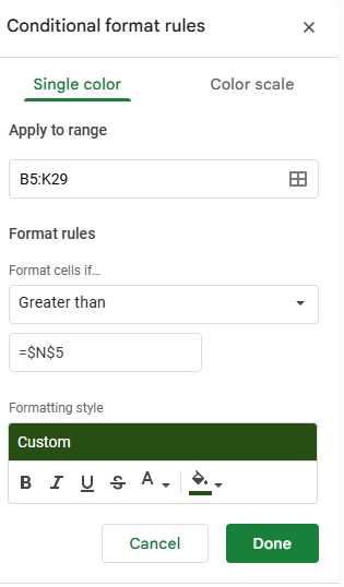 Creating a conditional formatting rule in Google Sheets that links to a specific cell.