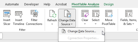Changing the data source in a pivot table.