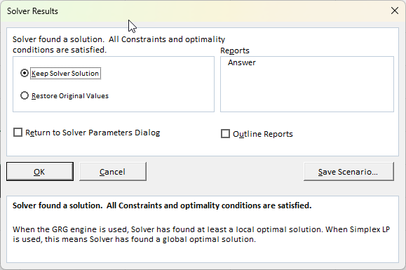 Solver has found a solution in Excel.