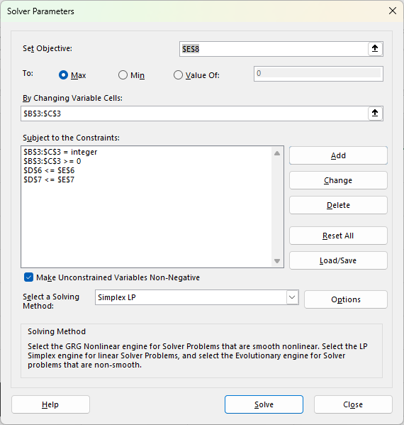 Solver window in Excel looking to calculate the most profit for a bakery.