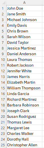 List of cells in Excel containing both first and last names.