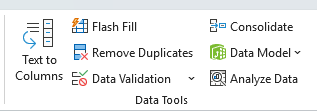 The data tools section on the data tab in Excel's ribbon.