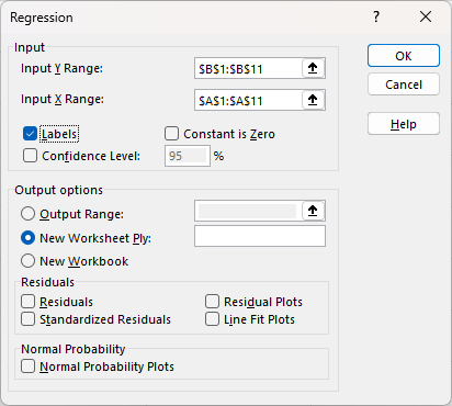 Selecting the inputs for the regression analysis in Excel.