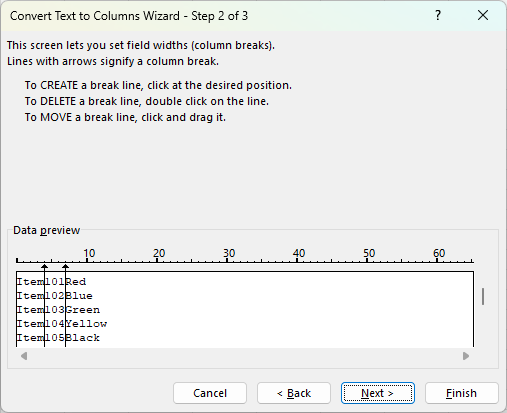 Convert text to columns with fixed width.