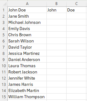 Data in Excel showing first name and last name in one column.