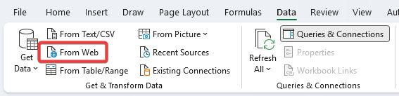 Selecting the 'from web' option in Power Query.