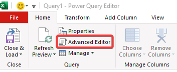 Selecting the advanced editor option in Power Query.