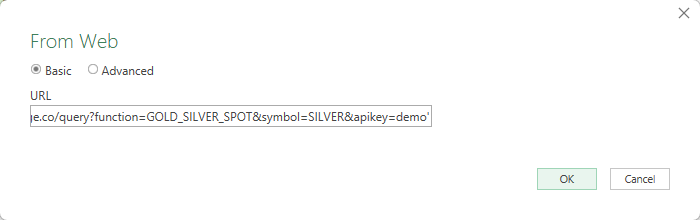 Entering the URL to import data from in Power Query.