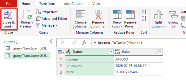 Power Query window in Excel with the option to close and load.